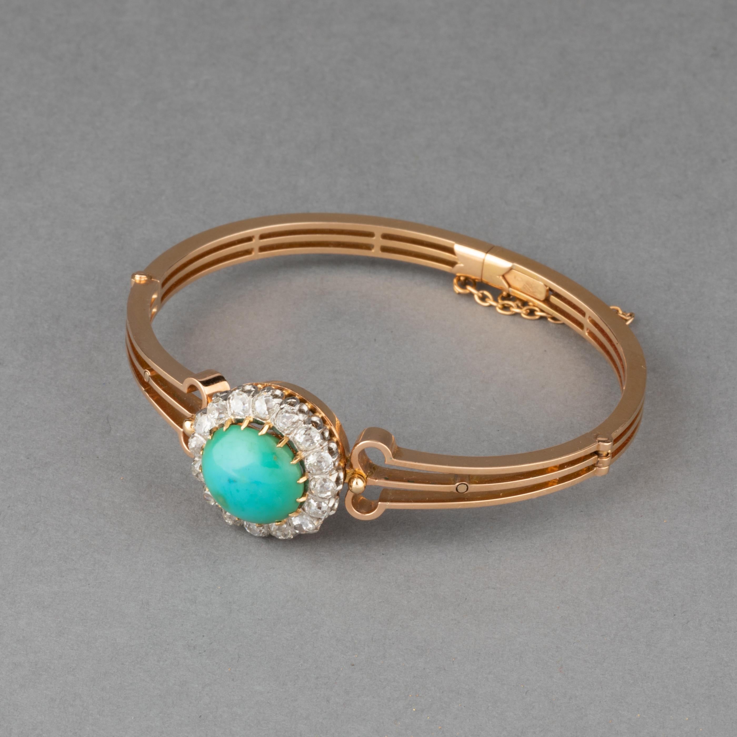 Gold Turquoise and 1.60 Carats Diamonds French Antique Bracelet In Good Condition For Sale In Saint-Ouen, FR