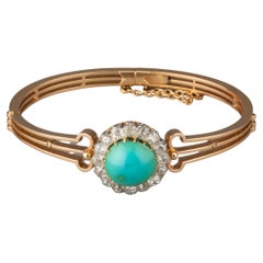 Gold Turquoise and 1.60 Carats Diamonds French Antique Bracelet