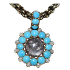 9 karat Turquoise & Pearl Locket Pendant with Bale and Plaited Hair, circa 1860