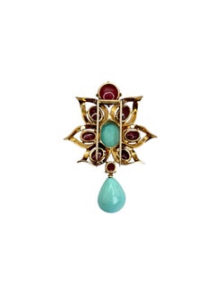 Vintage 18K Yellow Gold Cabochon Ruby and Turquoise Pendant Pin