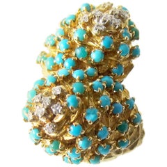 Gold Turquoise Diamond Double Dome Cocktail Ring
