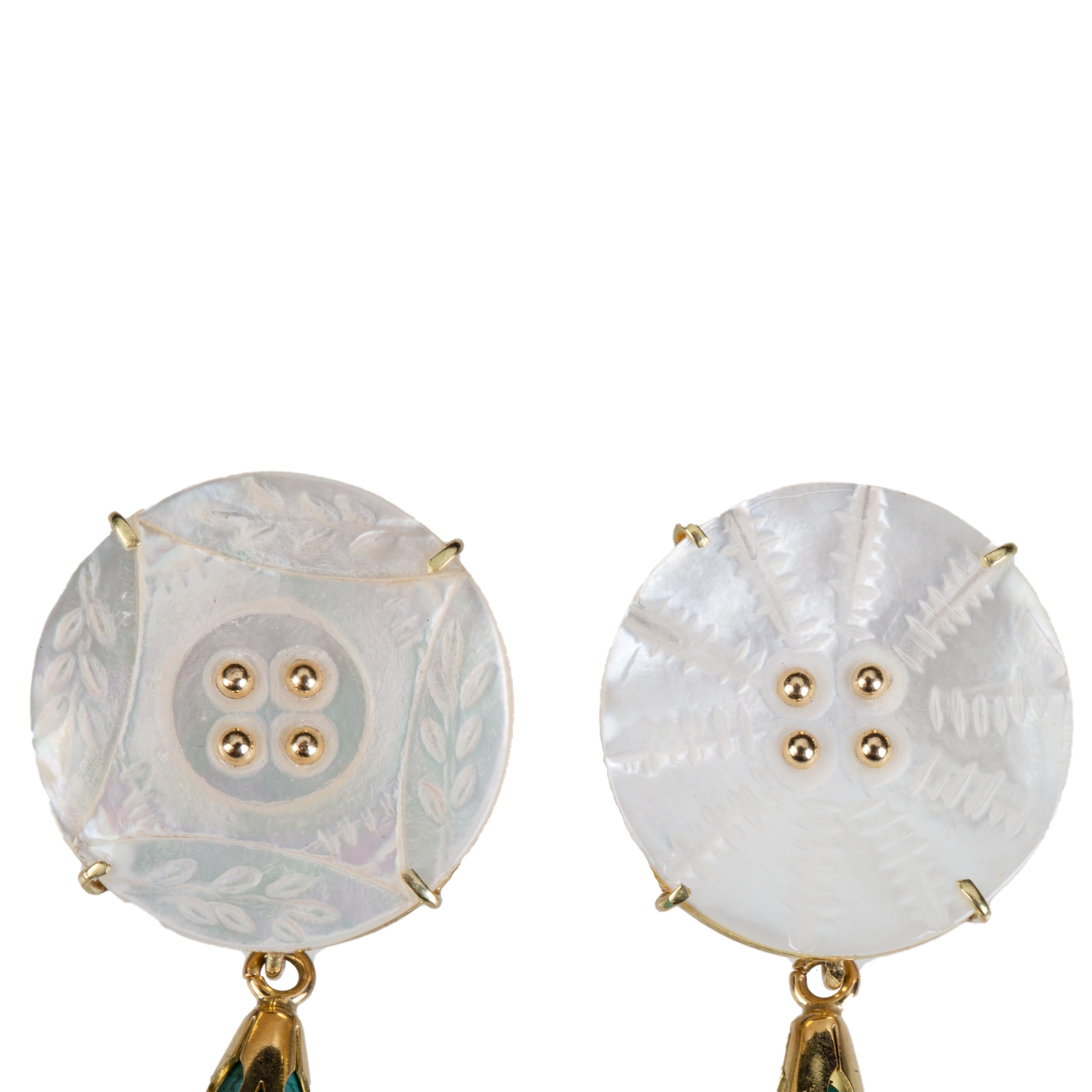 Antique 1940 mother of pearl button, turquoise drop 18k gold gr.8,40. Total  length 4 cm.
All Giulia Colussi jewelry is new and has never been previously owned or worn. Each item will arrive at your door beautifully gift wrapped in our boxes, put
