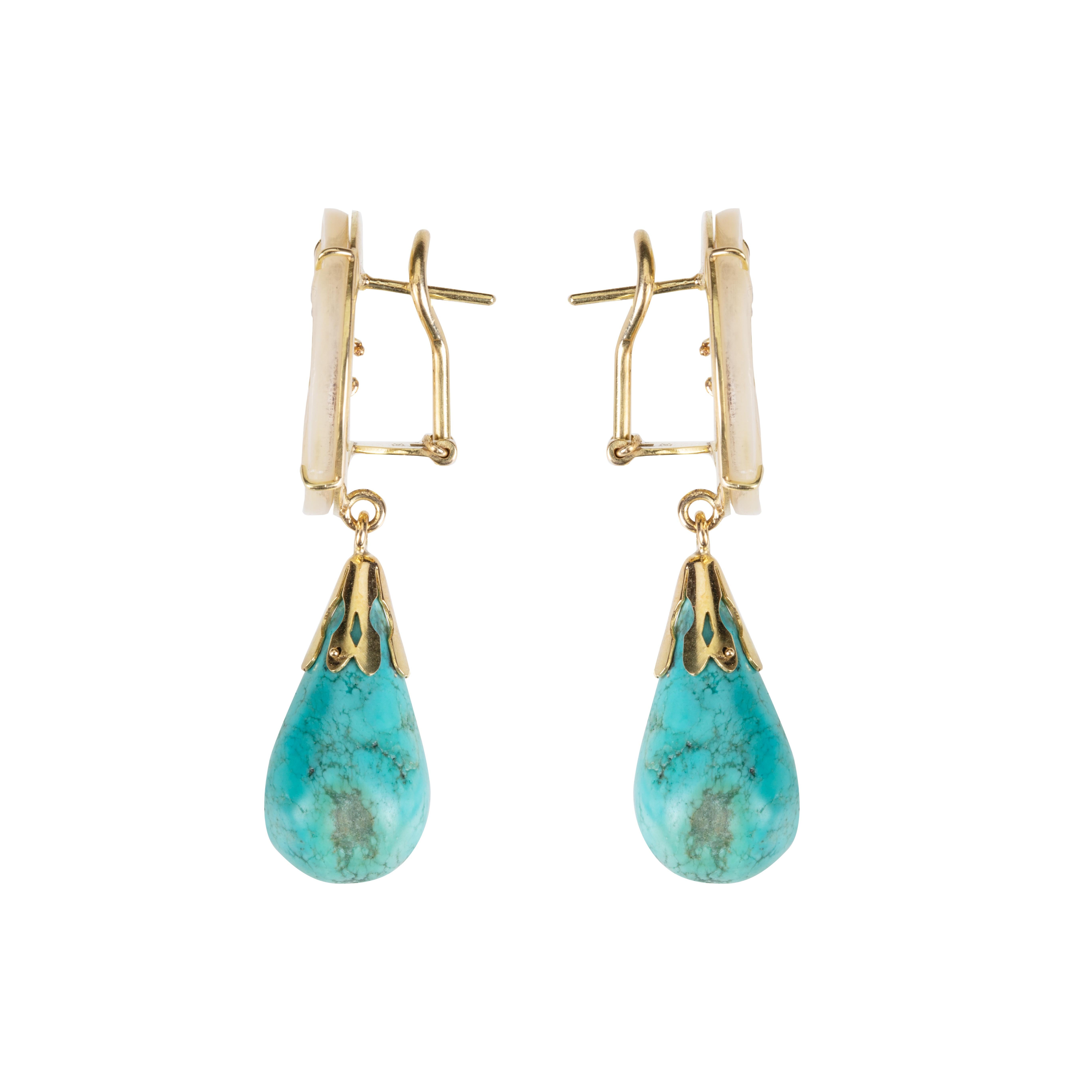 Artist Gold Turquoise Mother of Pearl Earrings For Sale