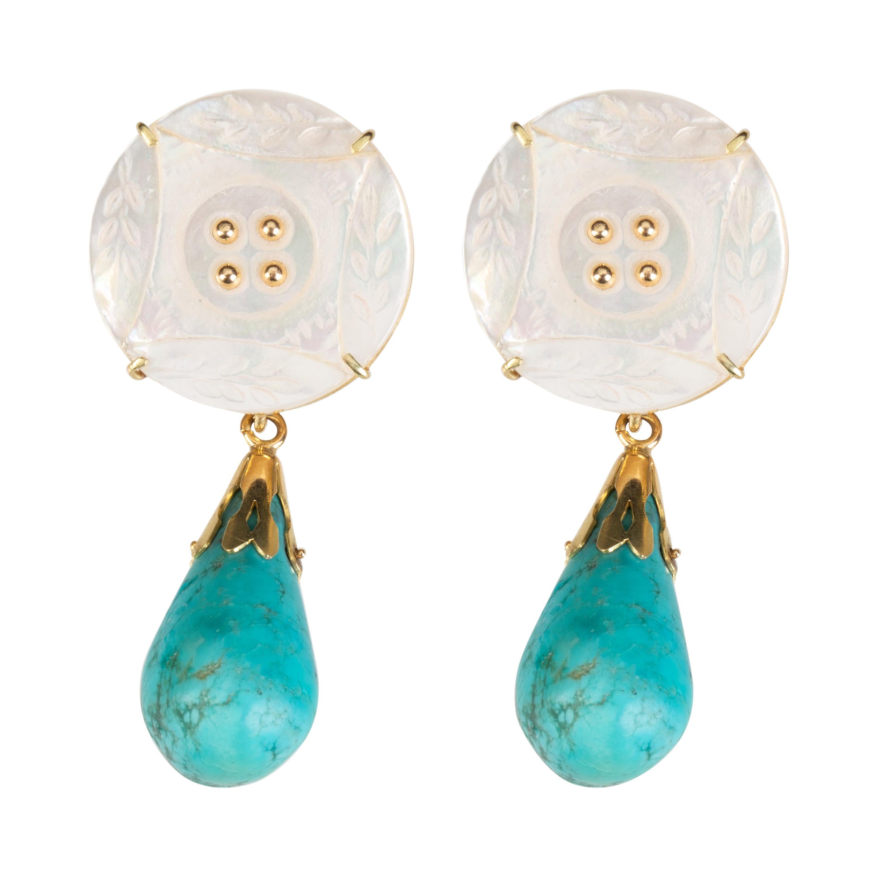 Gold Turquoise Mother of Pearl Earrings For Sale