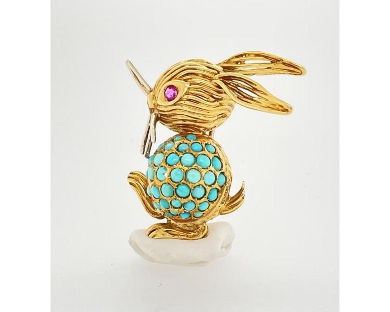 Round Cut Gold Turquoise Ruby Rabbit Brooch Pin For Sale