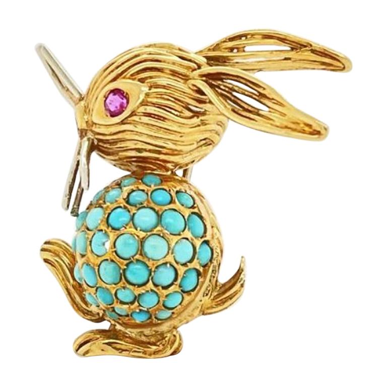 Gold Turquoise Ruby Rabbit Brooch Pin For Sale