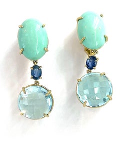 Gold Turquoise Sapphire and Topaz Drop Ear Clips by A. CLunn