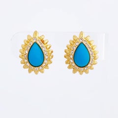 Gold & Turquoise Teardrop Sunburst Earrings With Crystal Accents By Nolan Miller