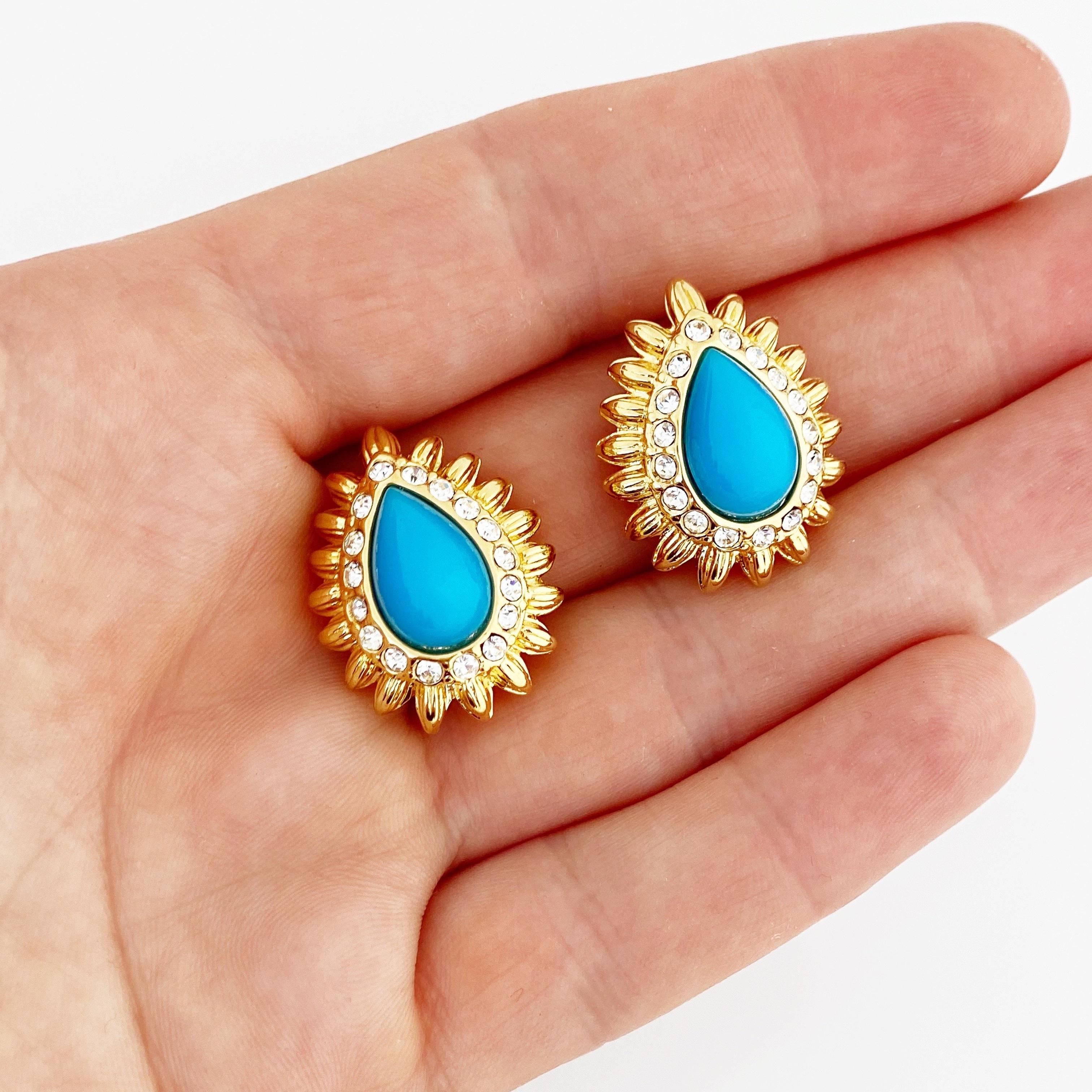 Modern Gold & Turquoise Teardrop Sunburst Earrings With Crystal Accents By Nolan Miller For Sale