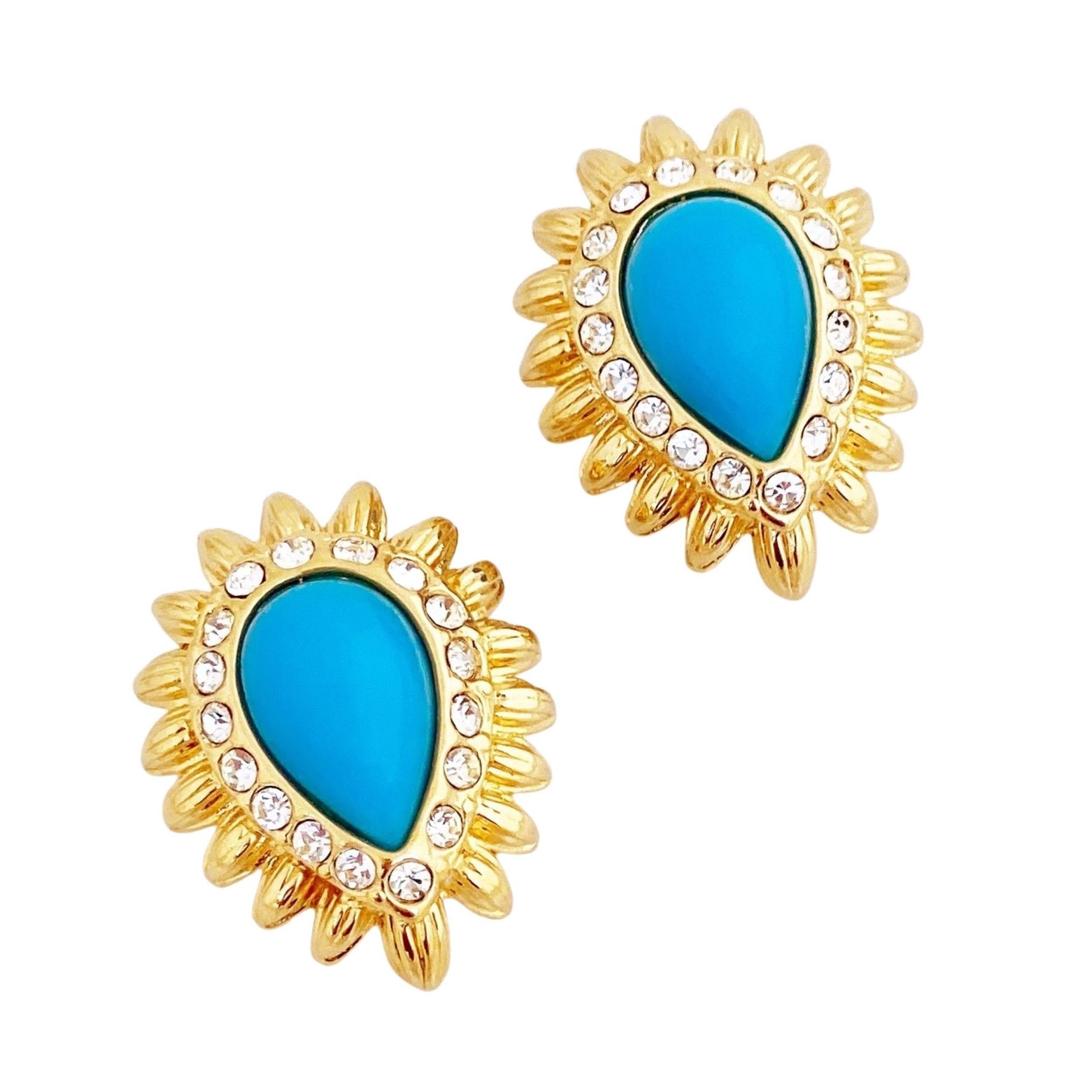 Gold & Turquoise Teardrop Sunburst Earrings With Crystal Accents By Nolan Miller For Sale