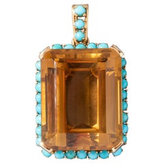 Gold Turquoises and 66 Carats Citrine French Vintage Pendant