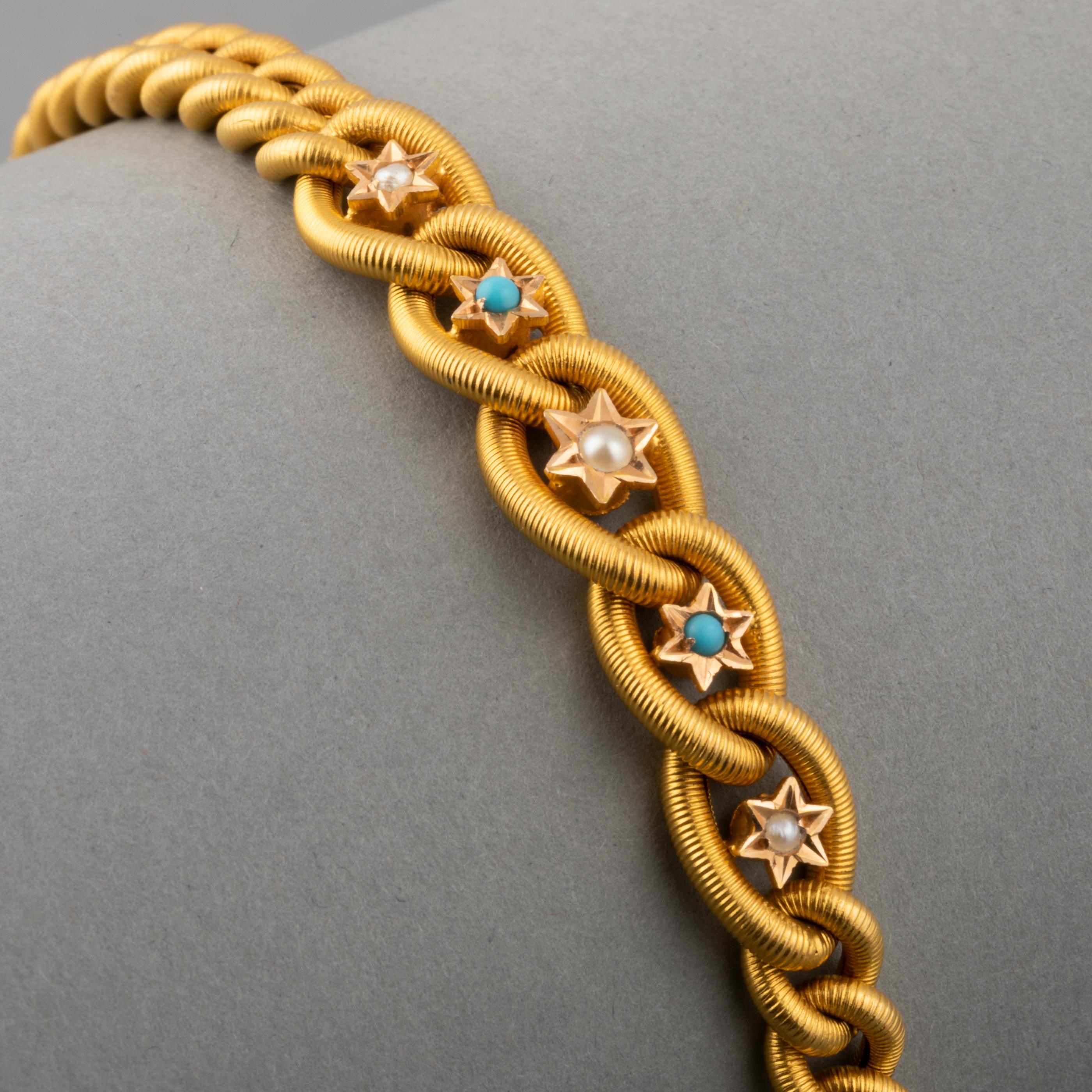 Round Cut Gold Turquoises and Pearls French Antique Bracelet
