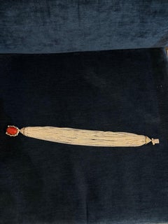 Gold, Twenty Row Fresh Water Pearl, Coral, and Diamond Torsade Choker Necklace