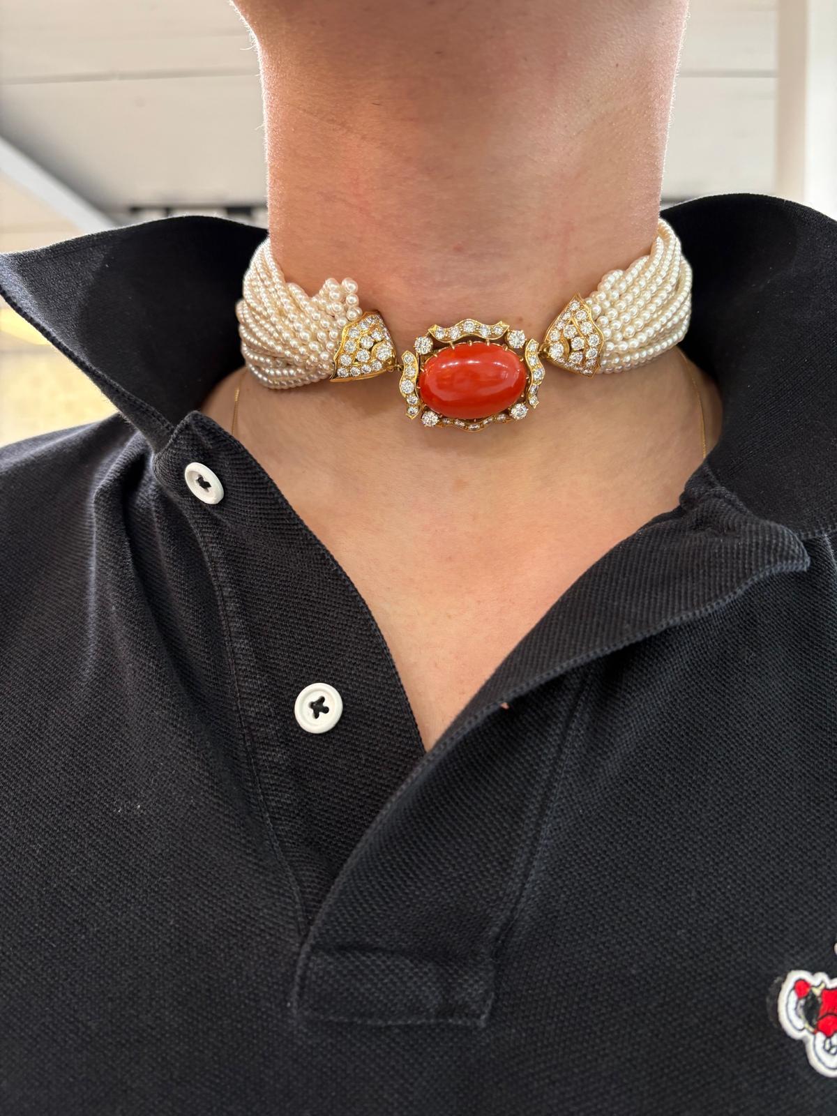 da uomo o donna Collana con girocollo in oro, perle d'acqua dolce a venti file, corallo e diamanti in vendita