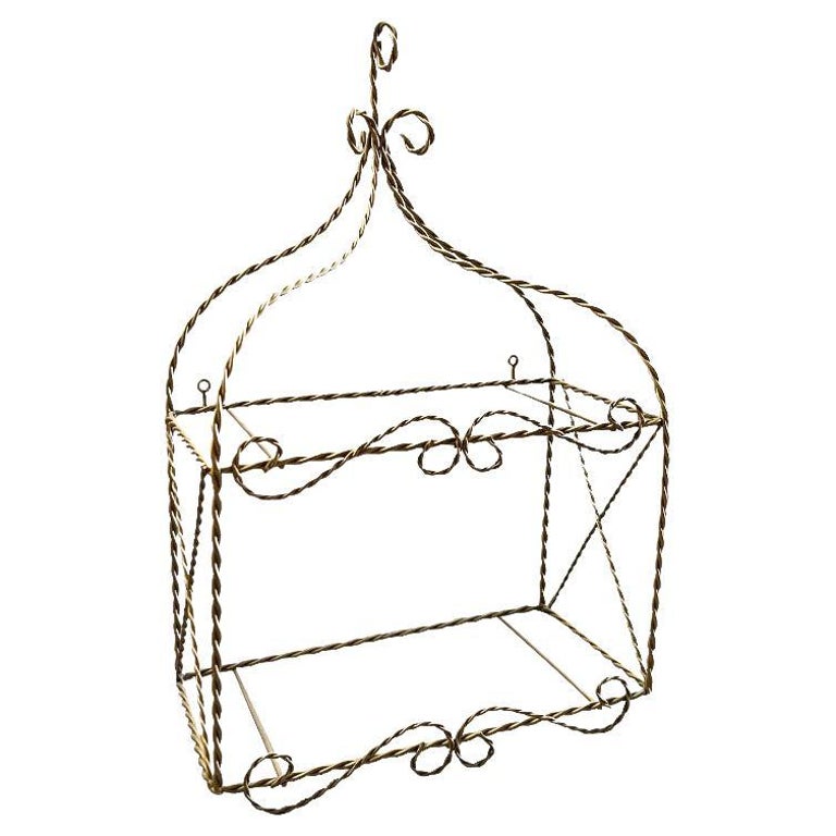 Gold Twisted Metal Two Tier Glass Hanging Wall Shelf For Sale at 1stDibs