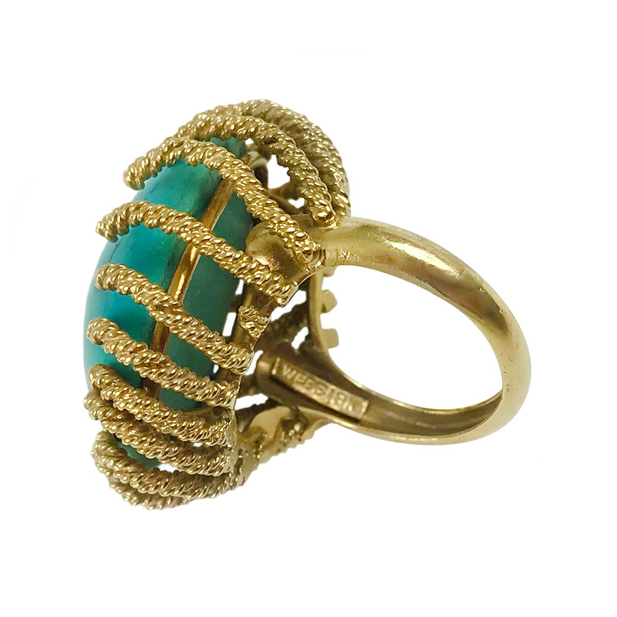 Cabochon 18 Karat Gold Twisted Wire Turquoise Ring - David Webb