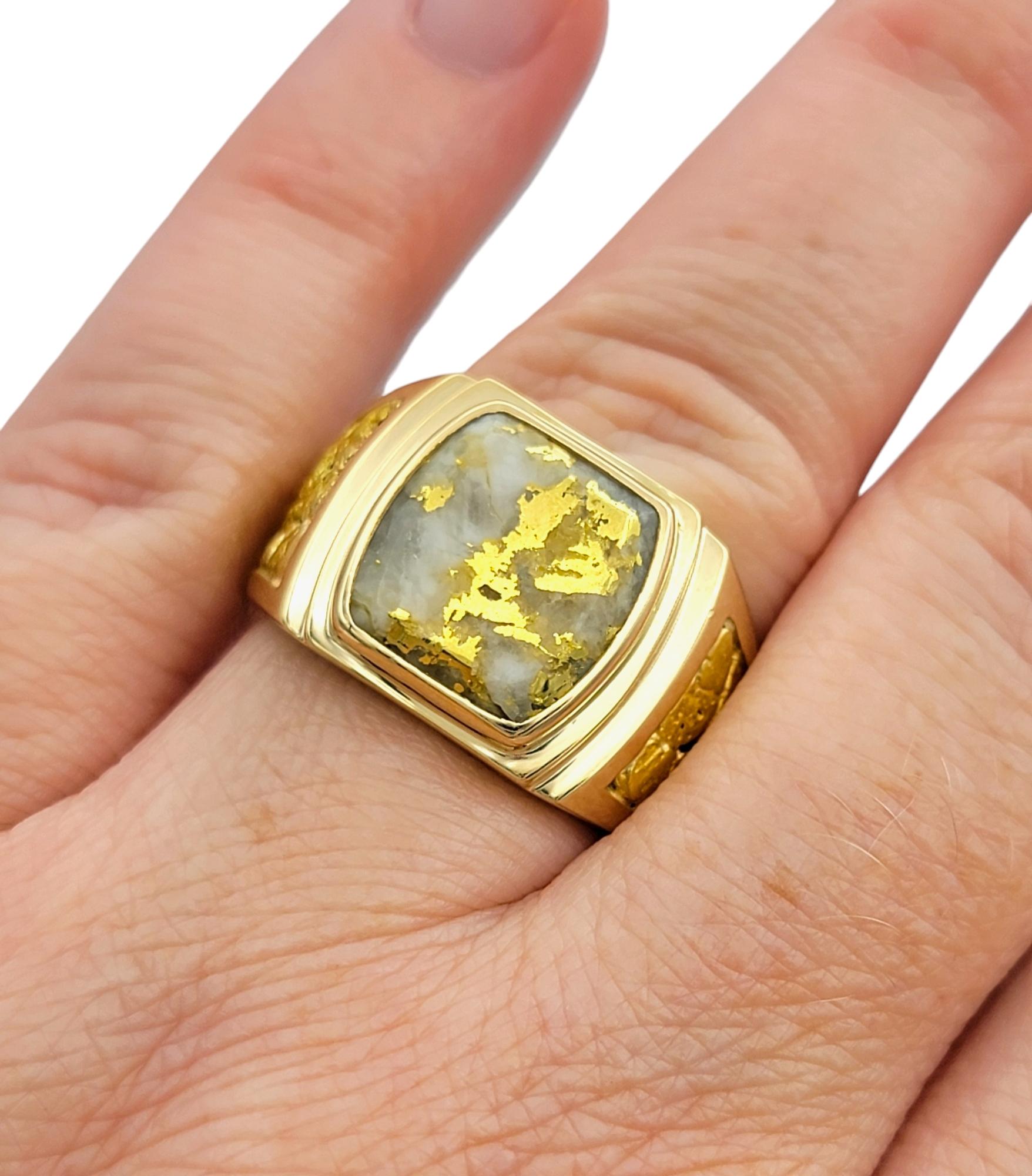 Gold Veined White Quartz Crystal Wide Band Ring in Polished 14 Karat Yellow Gold 4