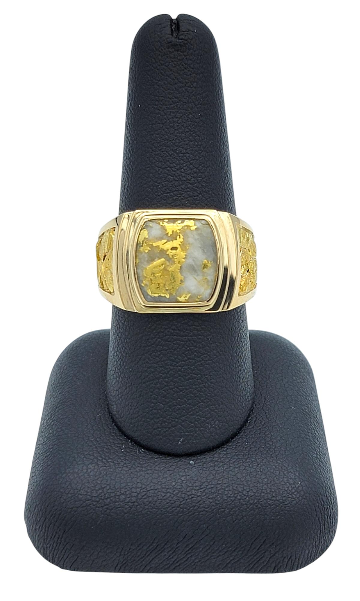 Gold Veined White Quartz Crystal Wide Band Ring in Polished 14 Karat Yellow Gold 5