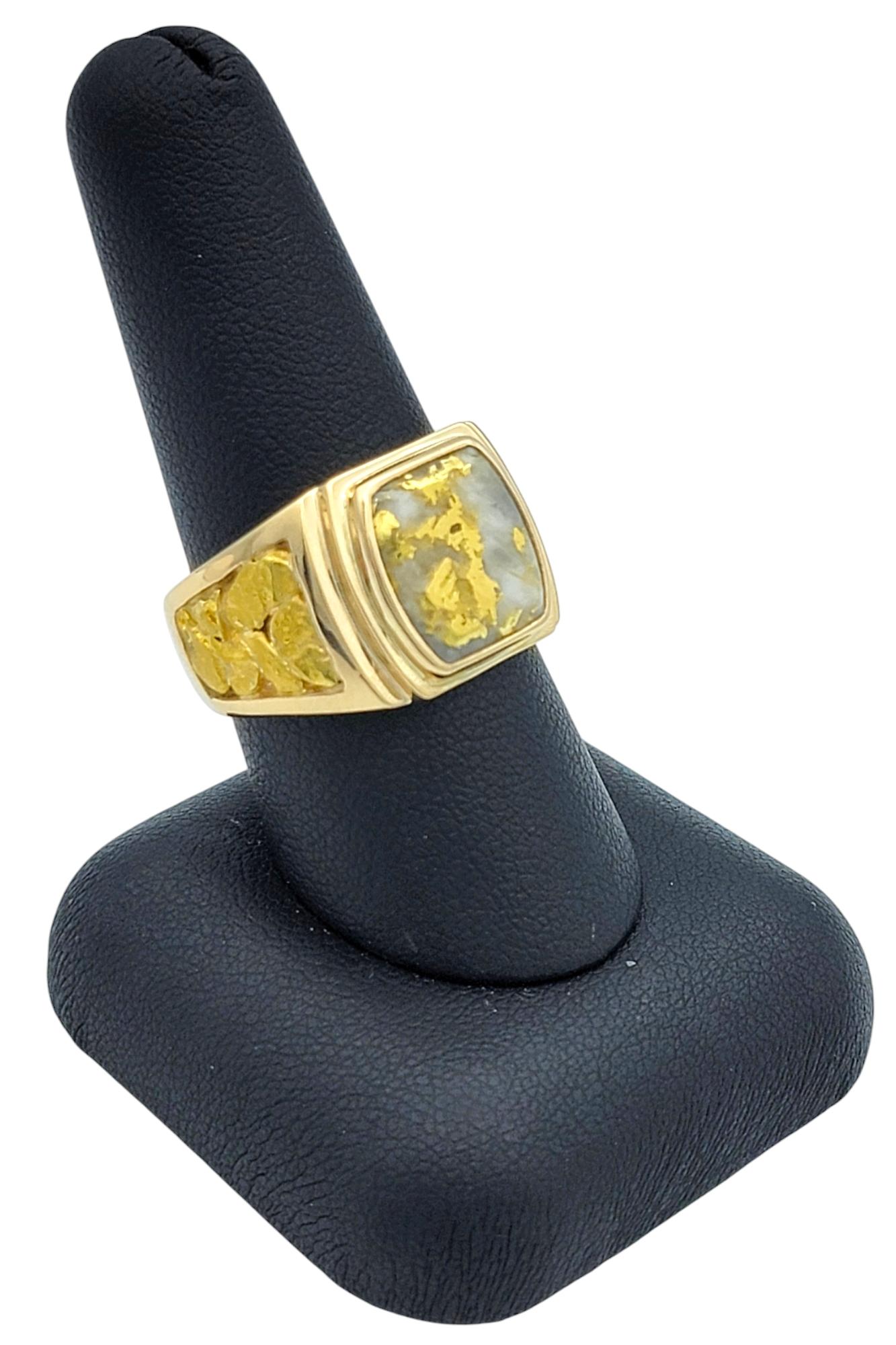 Gold Veined White Quartz Crystal Wide Band Ring in Polished 14 Karat Yellow Gold 6