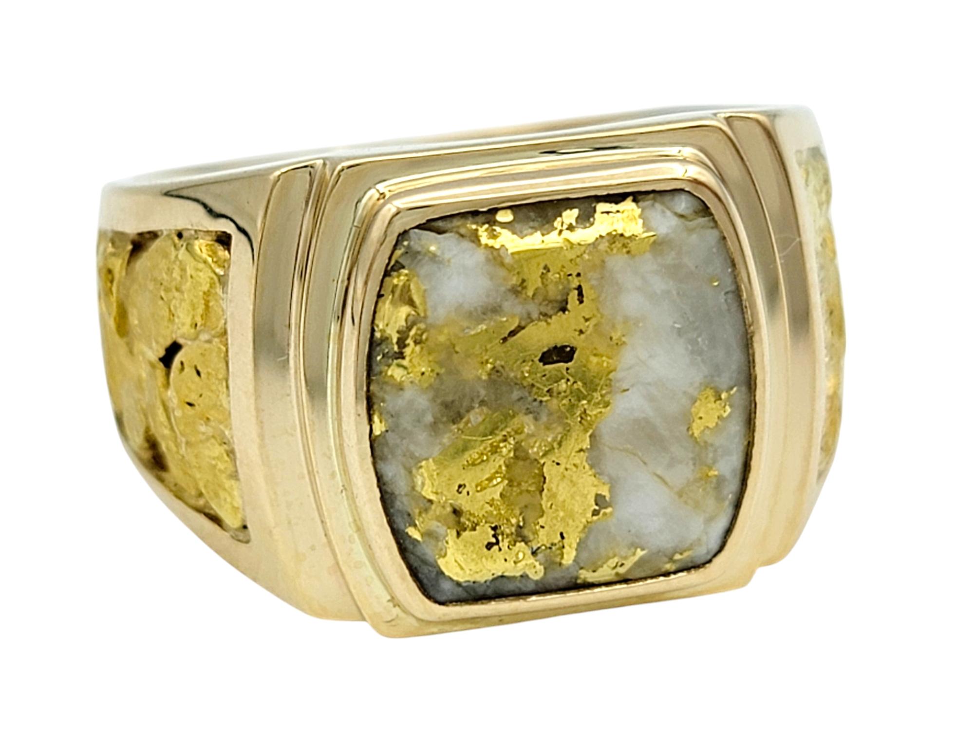 Contemporary Gold Veined White Quartz Crystal Wide Band Ring in Polished 14 Karat Yellow Gold