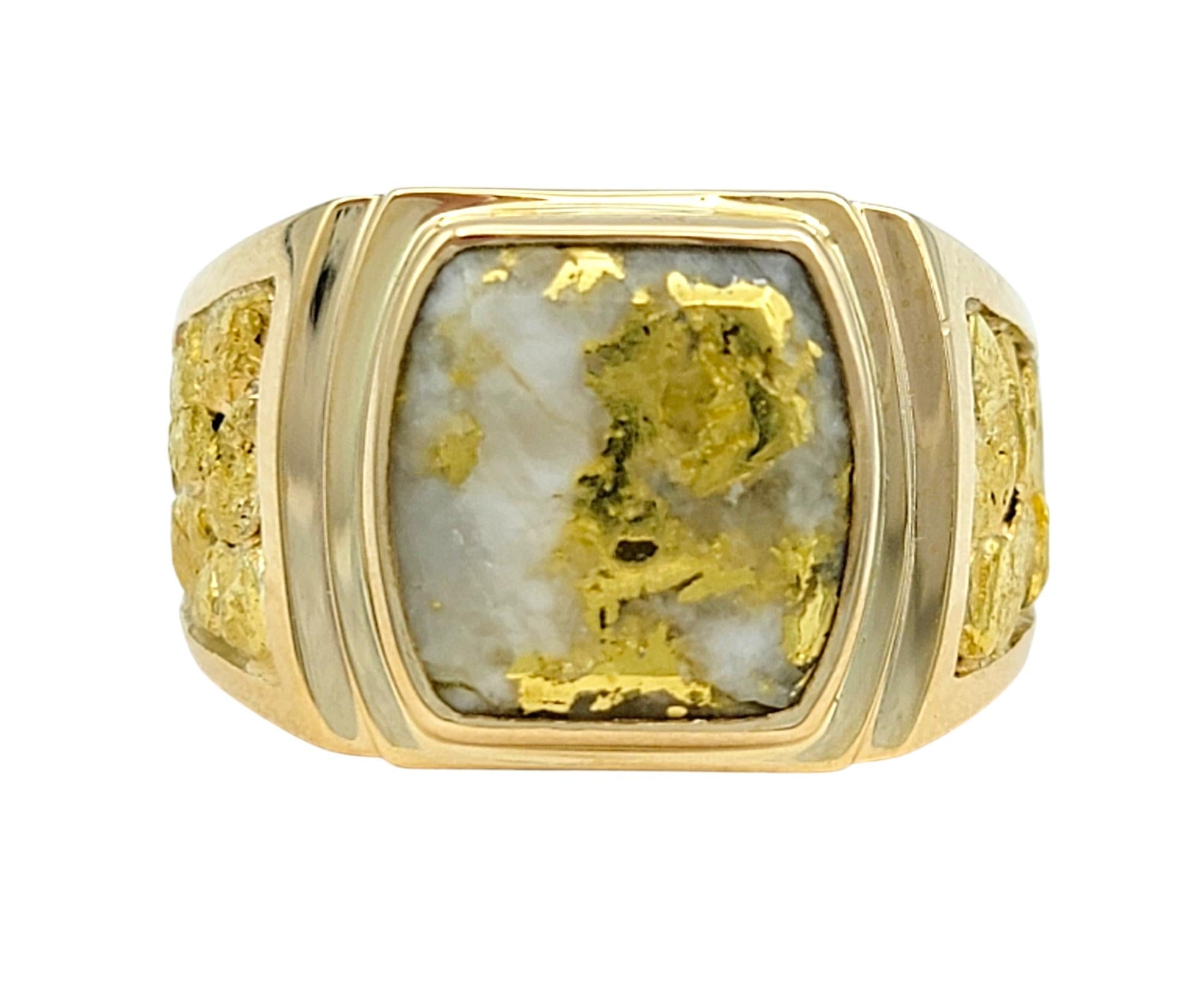 Cabochon Gold Veined White Quartz Crystal Wide Band Ring in Polished 14 Karat Yellow Gold