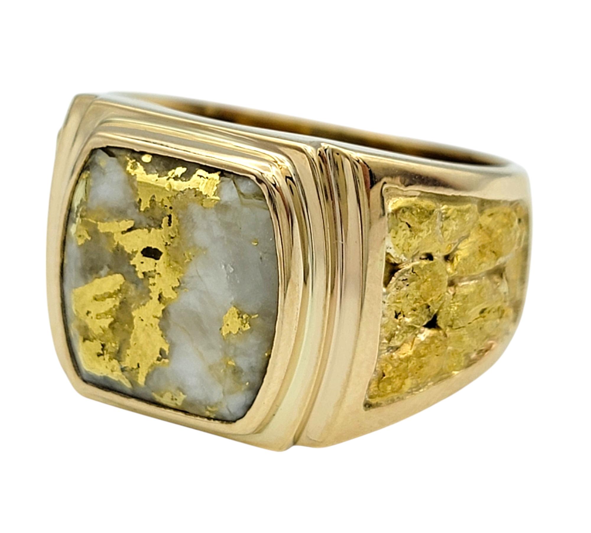 Gold Veined White Quartz Crystal Wide Band Ring in Polished 14 Karat Yellow Gold In Good Condition In Scottsdale, AZ