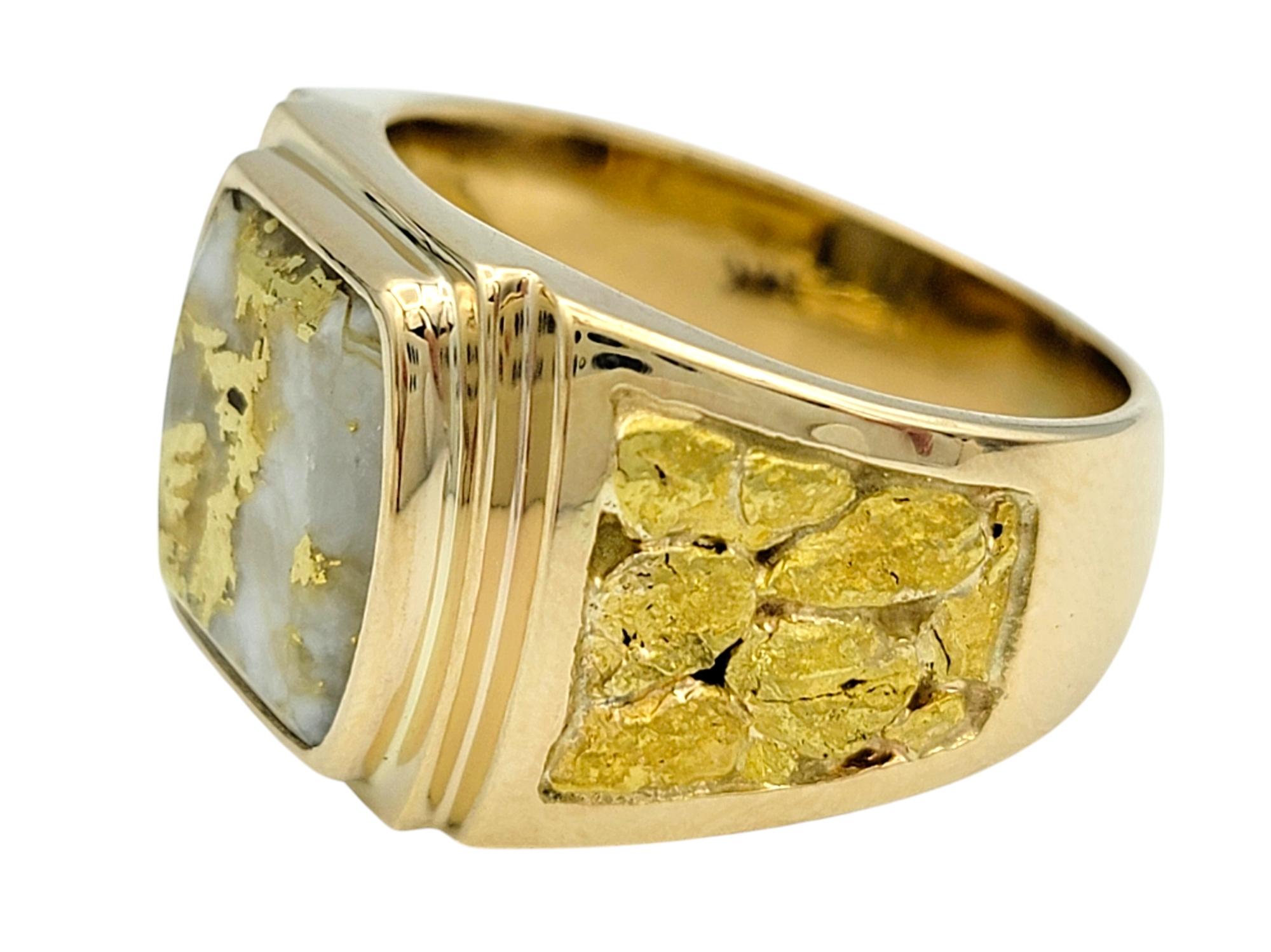 Women's or Men's Gold Veined White Quartz Crystal Wide Band Ring in Polished 14 Karat Yellow Gold