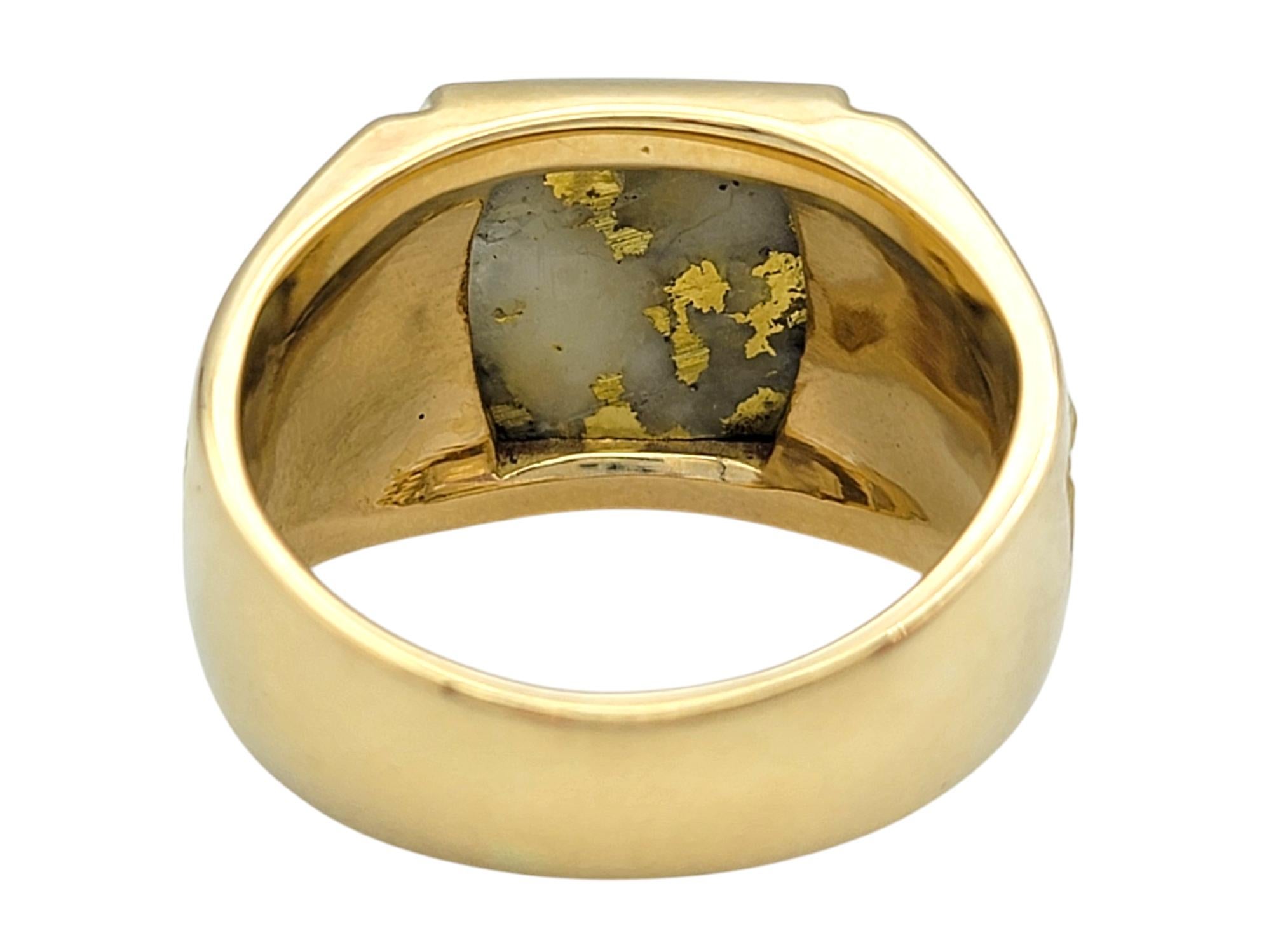 Gold Veined White Quartz Crystal Wide Band Ring in Polished 14 Karat Yellow Gold 1
