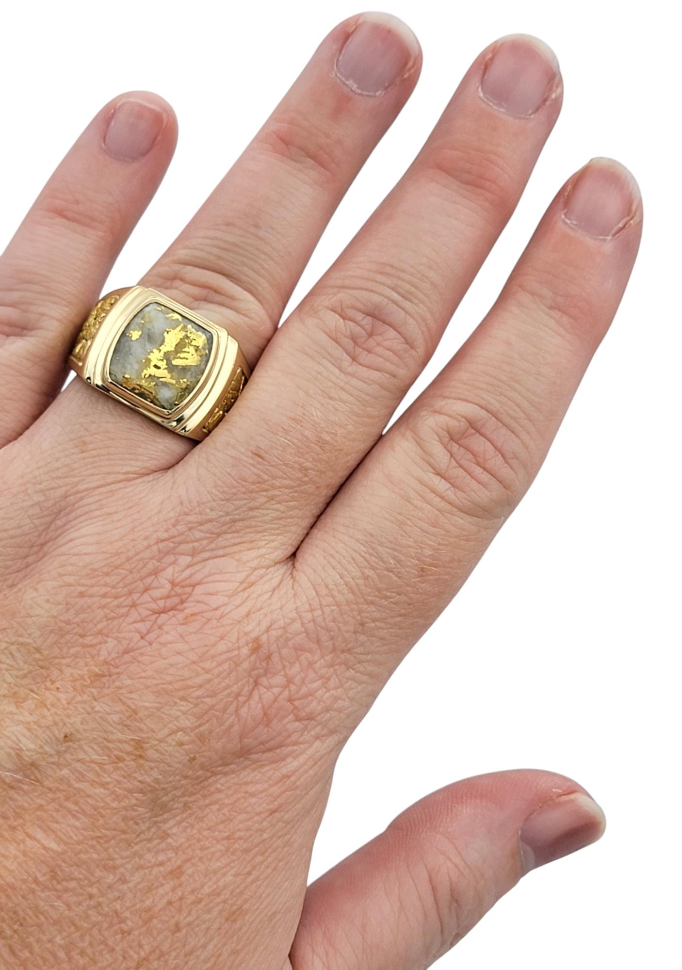 Gold Veined White Quartz Crystal Wide Band Ring in Polished 14 Karat Yellow Gold 3