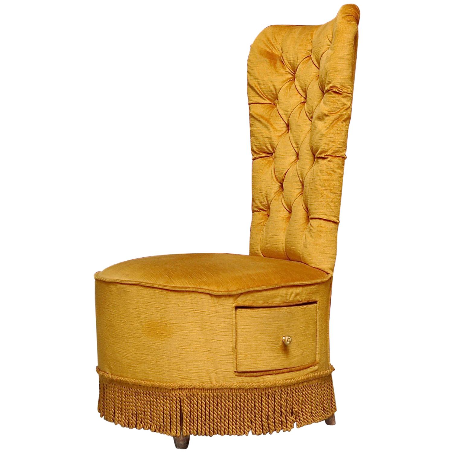 Gold Velvet Slipper Chair with Built in Drawer For Sale