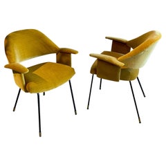 Gold Velvet Upholstered Pair of Pull Up Chairs, France, 1950s