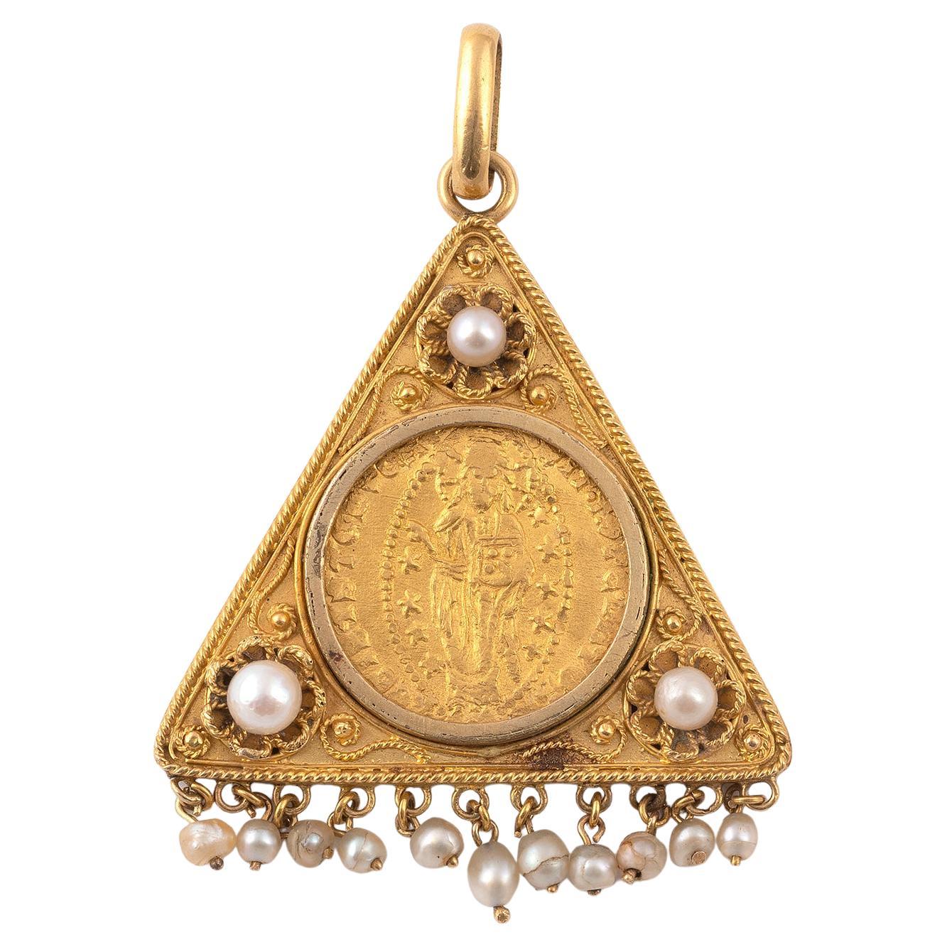 Gold Venetian Coin 1400-1413 Michele Steno Archaeological Revival Pendant 