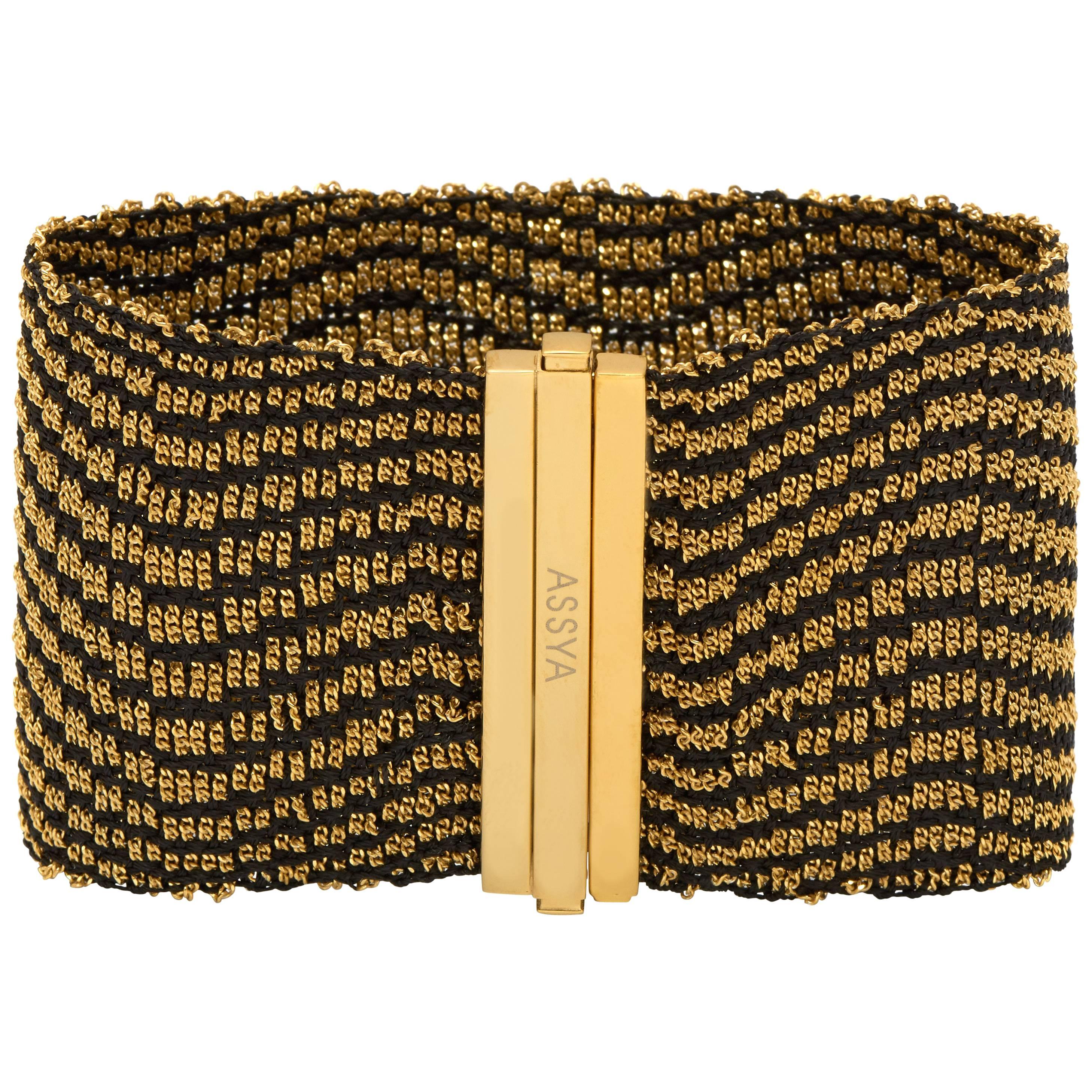 Gold Vermeil and Black Silk Woven Cuff Bracelet For Sale