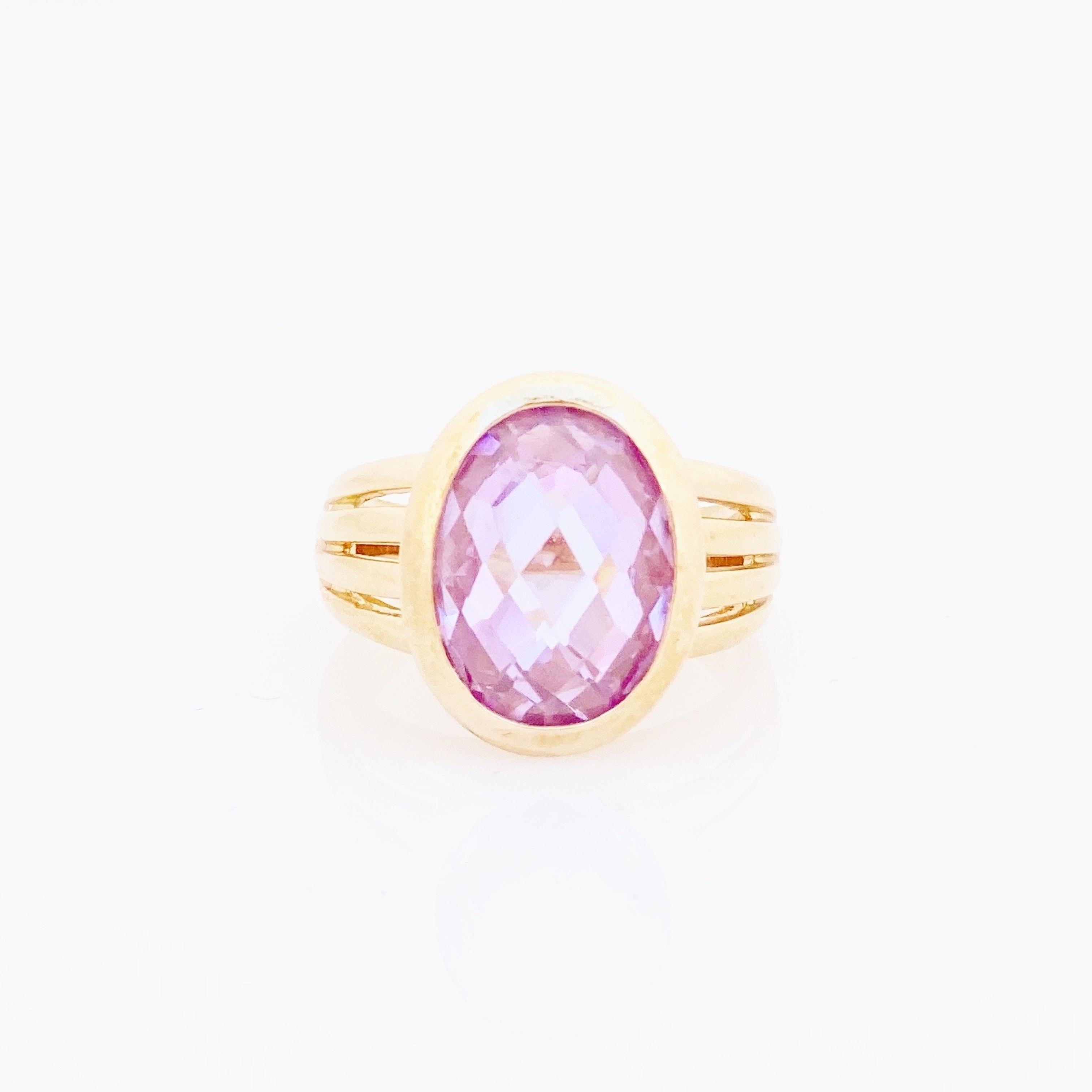 Modern Gold Vermeil Cocktail Ring With Faceted Pink Crystal (Size 9.5), 1980s For Sale
