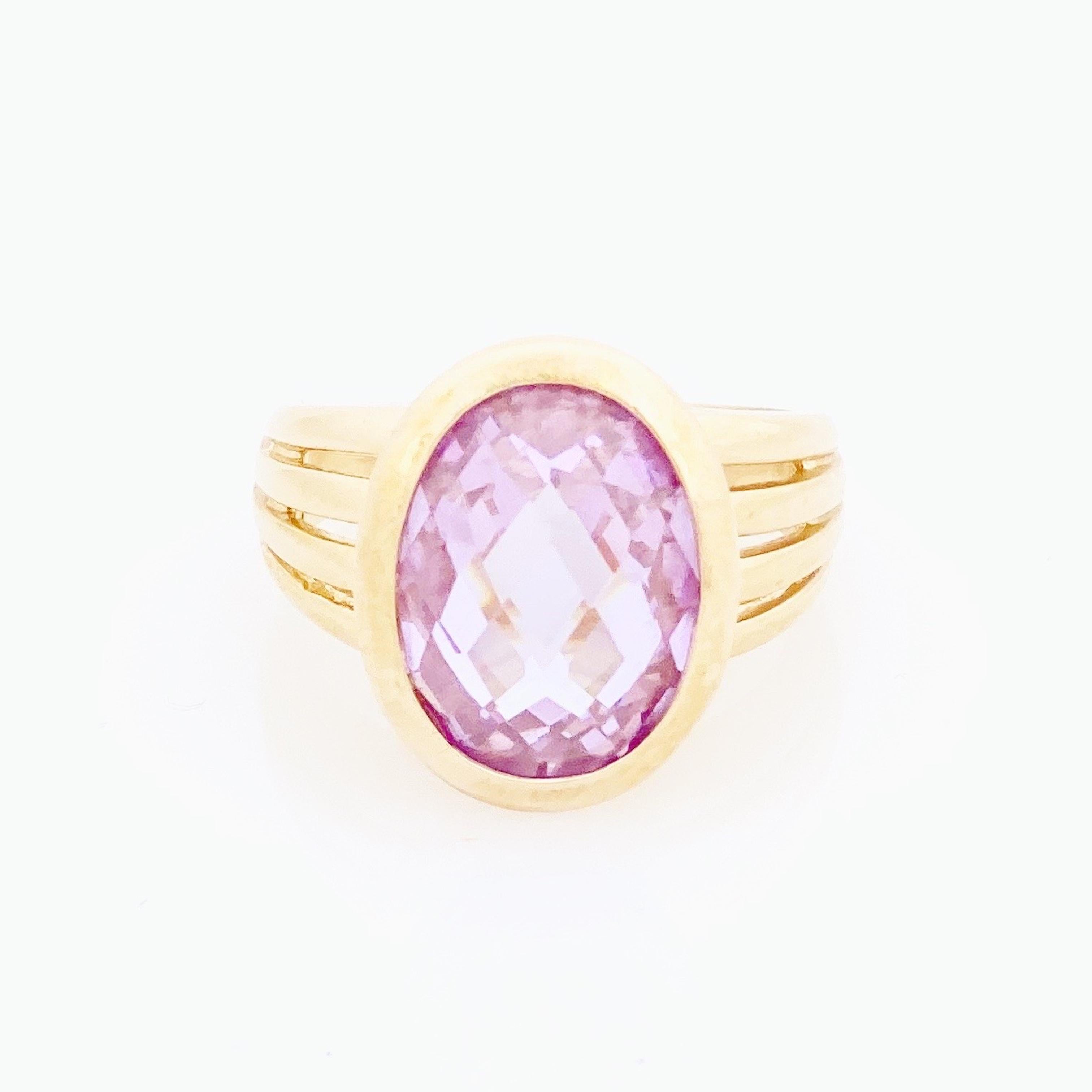Oval Cut Gold Vermeil Cocktail Ring With Faceted Pink Crystal (Size 9.5), 1980s For Sale