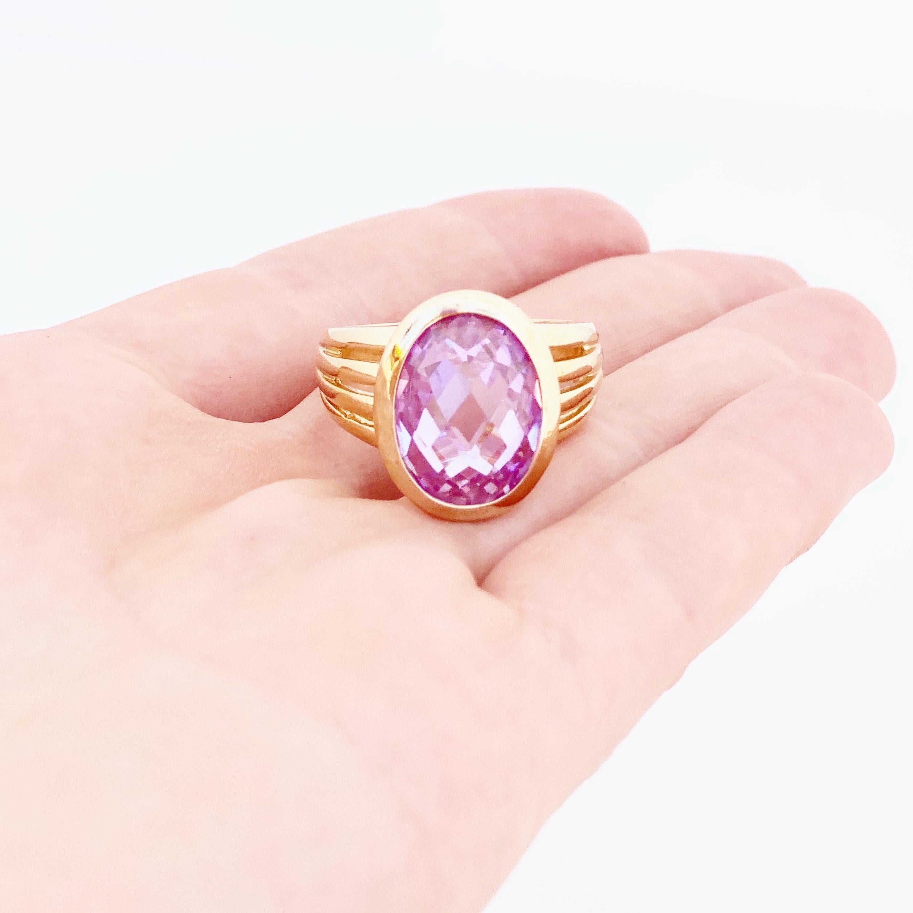 Gold Vermeil Cocktail Ring With Faceted Pink Crystal (Size 9.5), 1980s For Sale 1
