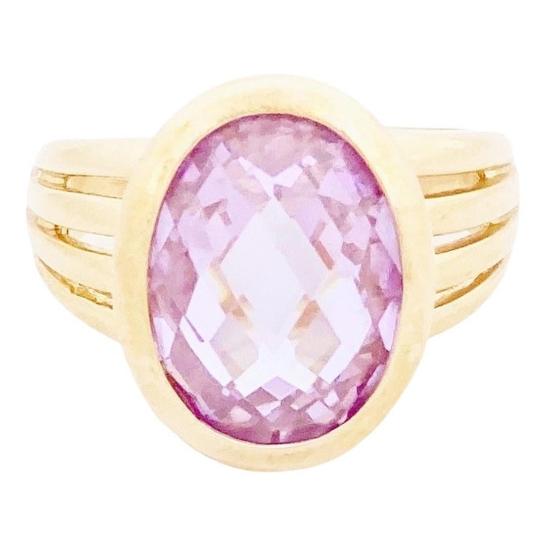 Gold Vermeil Cocktail Ring With Faceted Pink Crystal (Size 9.5), 1980s For Sale