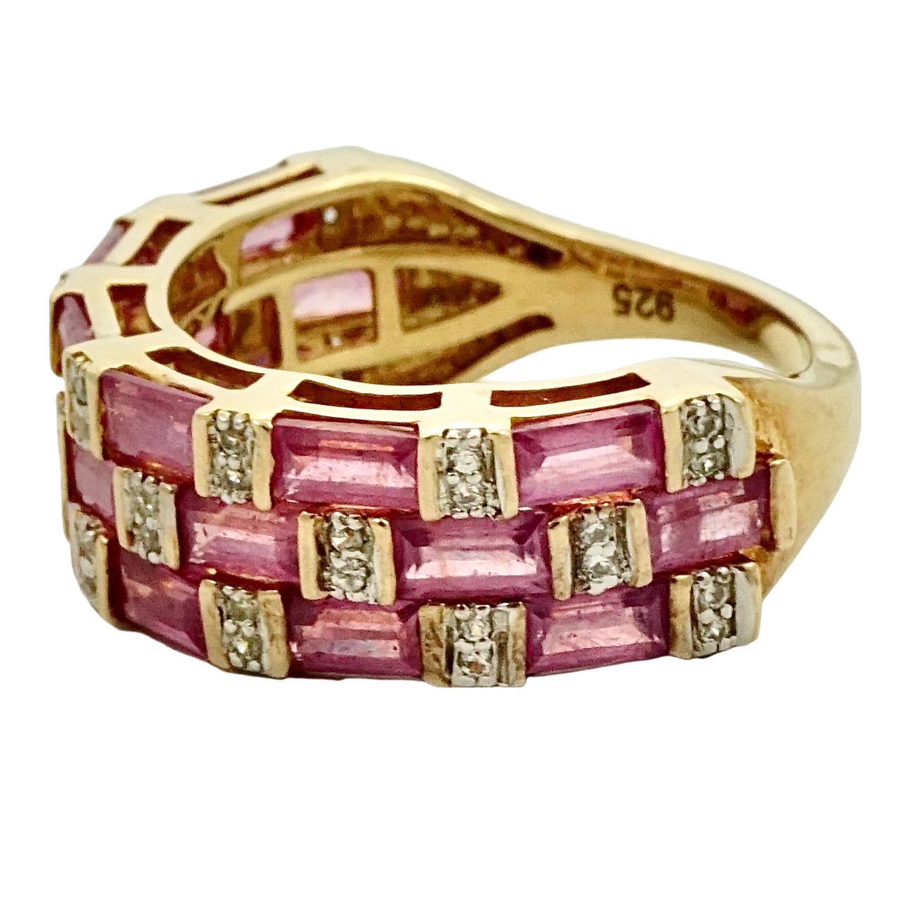 Gold Vermeil on Sterling Silver Clear and Pink Baguette Rhinestone Dress Ring In Good Condition For Sale In London, GB