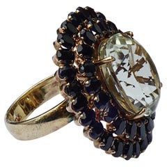 Gold Vermeil on Sterling Silver Cocktail Ring Lemon Quartz and Blue Sapphire