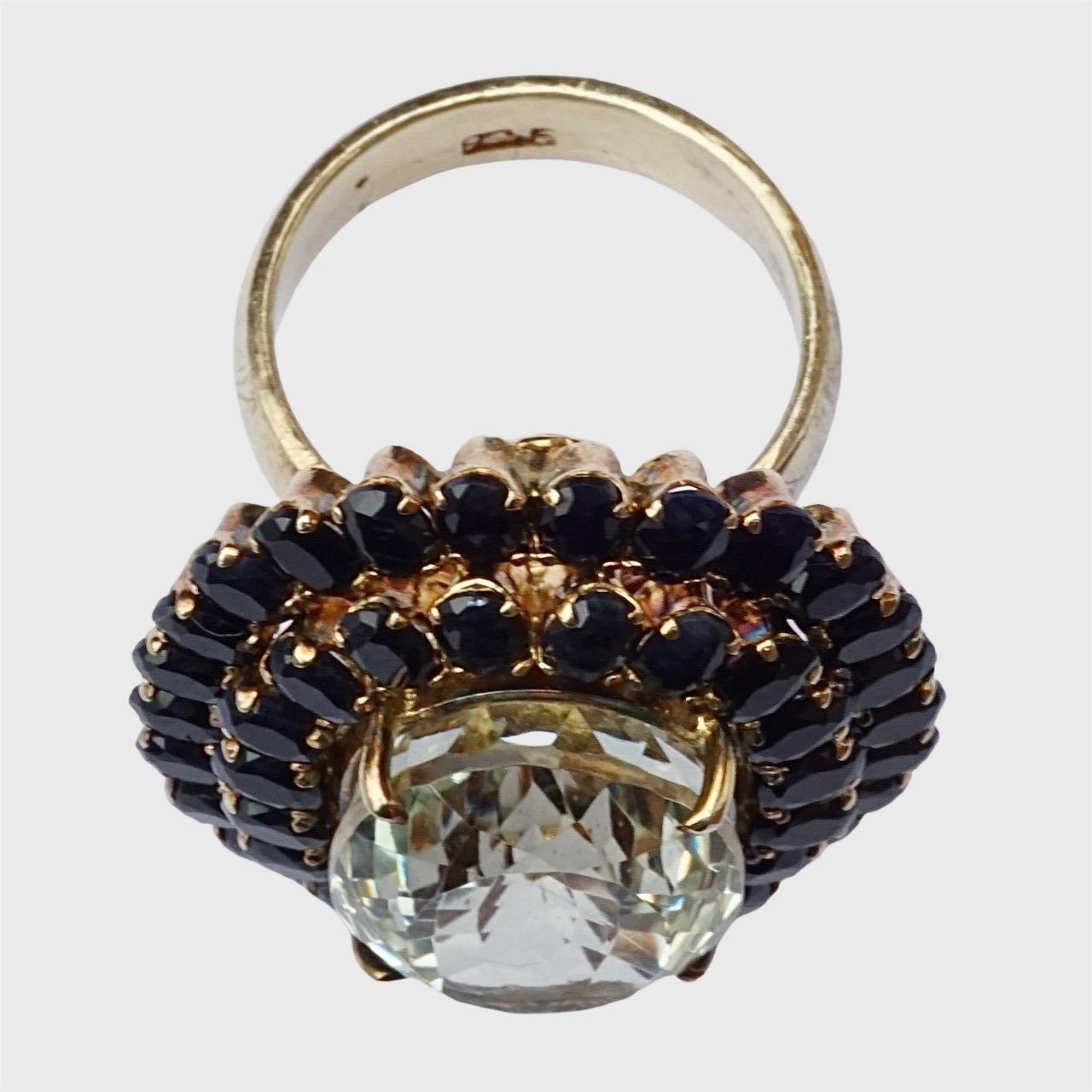 Anello Cocktail in Vermeil d'Oro su Argento Sterling Quarzo al Limone e Zaffiro Blu In condizioni buone in vendita a London, GB