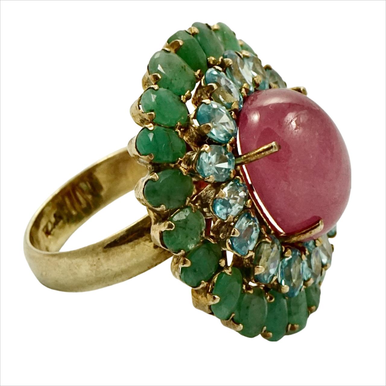Oval Cut Gold Vermeil on Sterling Silver Cocktail Ring with Blue Topaz, Emerald and Ruby