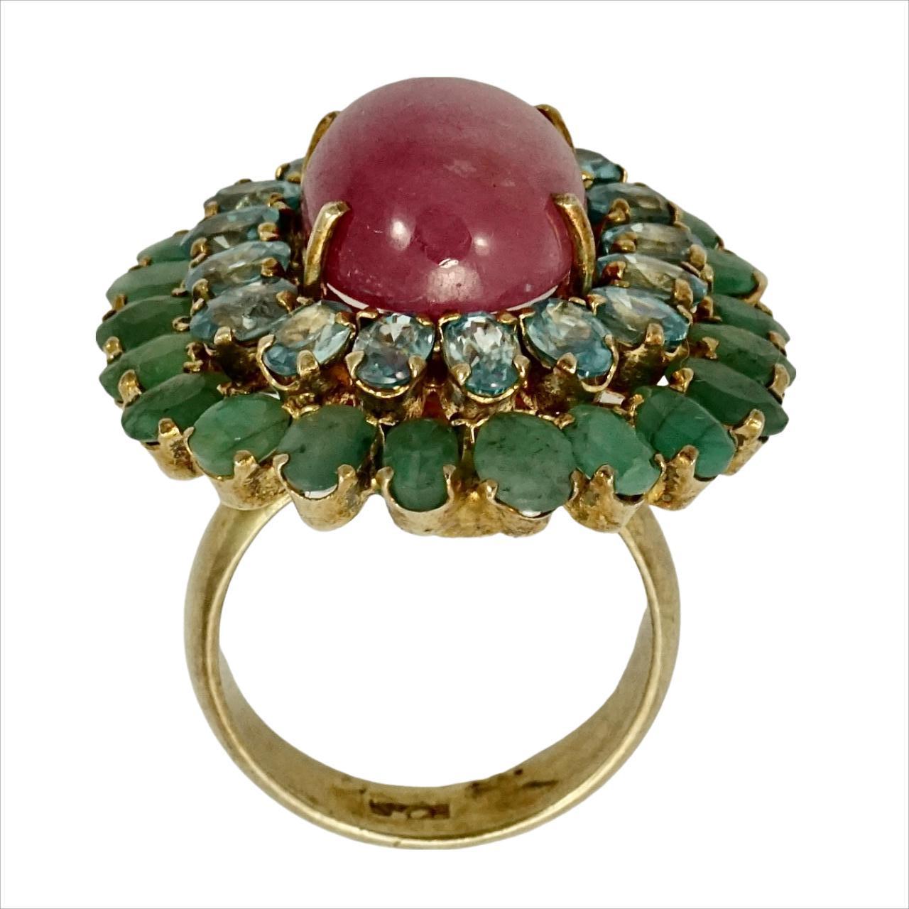 Gold Vermeil on Sterling Silver Cocktail Ring with Blue Topaz, Emerald and Ruby In Good Condition In London, GB