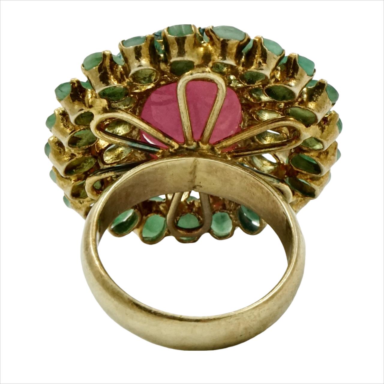 Women's or Men's Gold Vermeil on Sterling Silver Cocktail Ring with Blue Topaz, Emerald and Ruby
