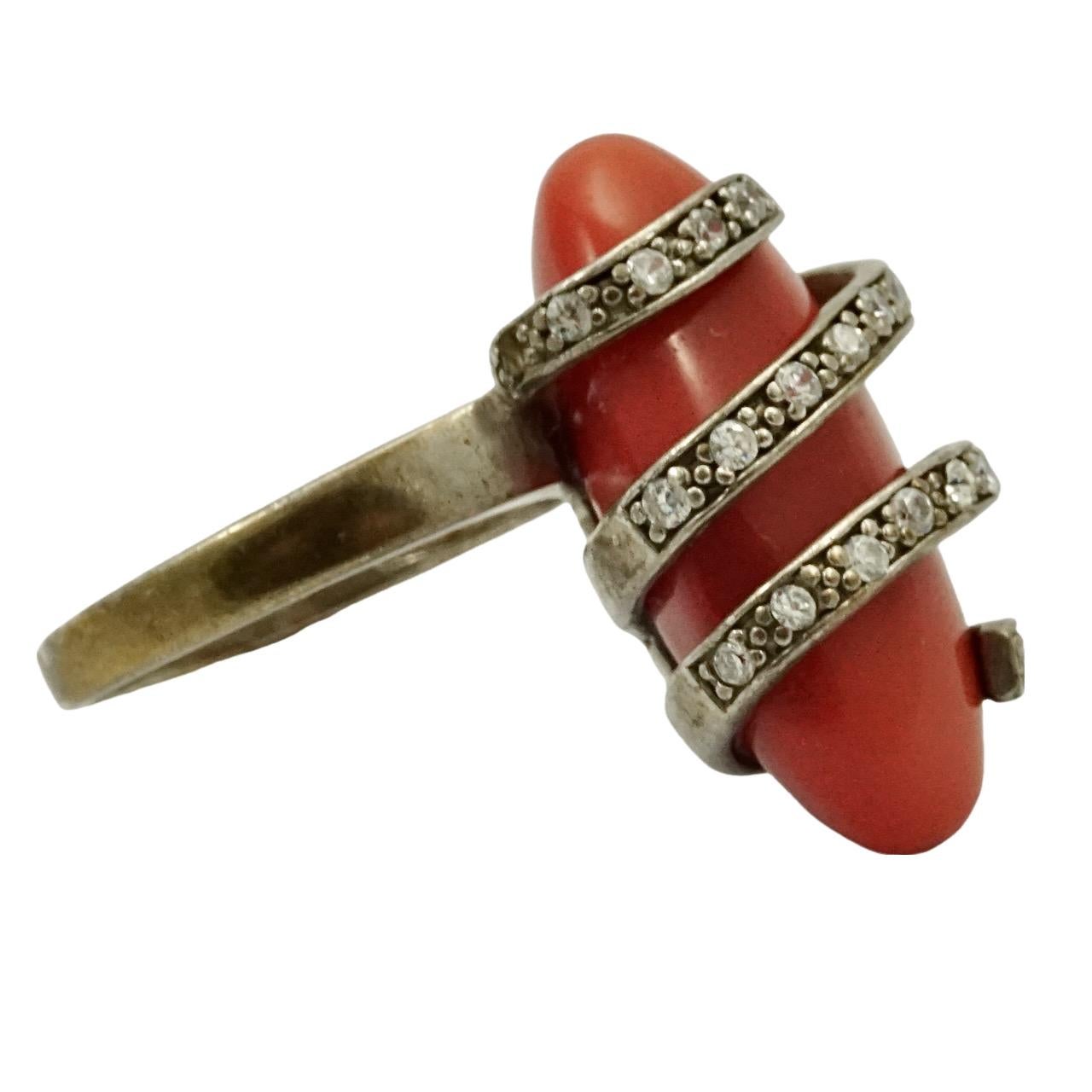 Gold Vermeil on Sterling Silver Rhinestone and Coral Glass Ring In Good Condition For Sale In London, GB