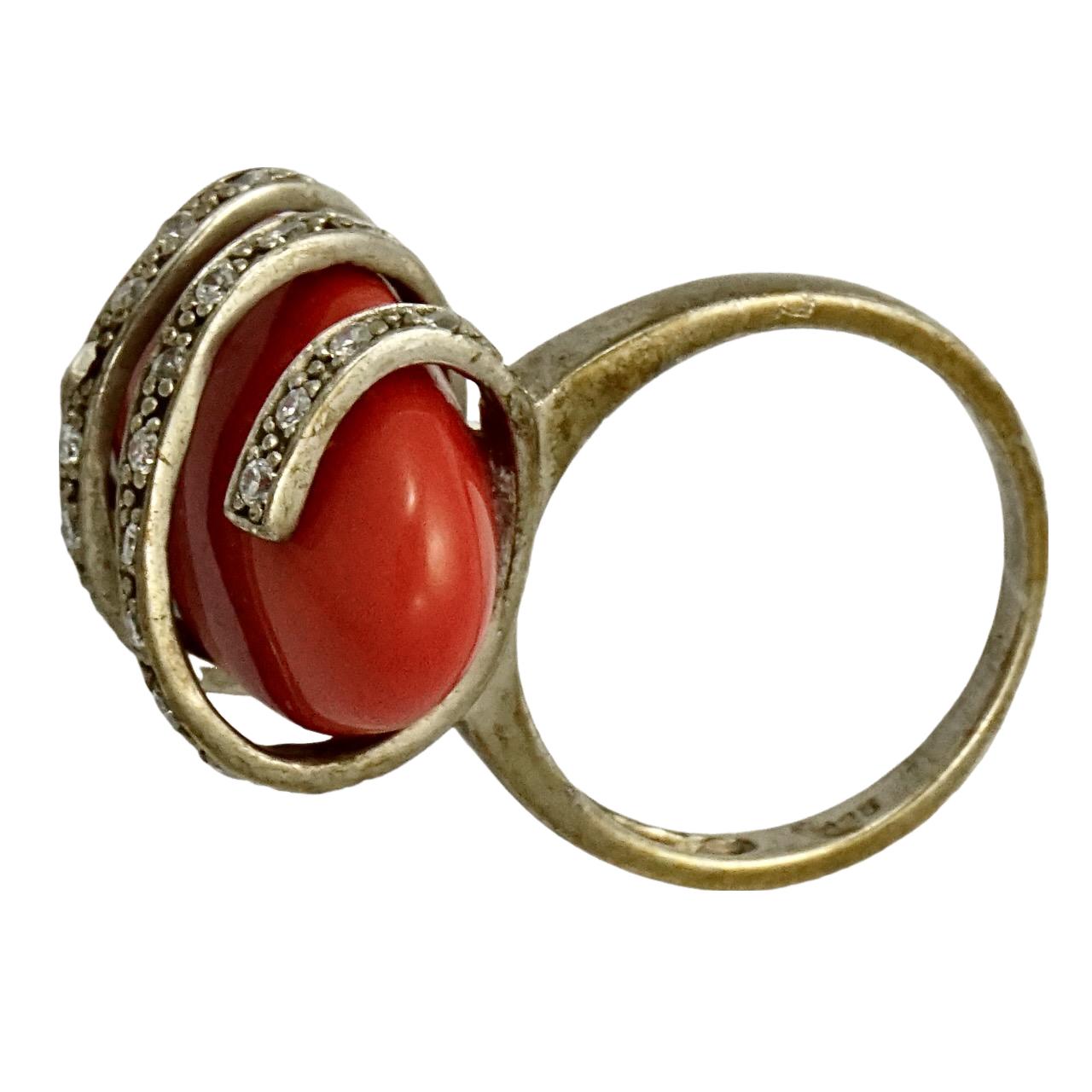 Women's or Men's Gold Vermeil on Sterling Silver Rhinestone and Coral Glass Ring For Sale