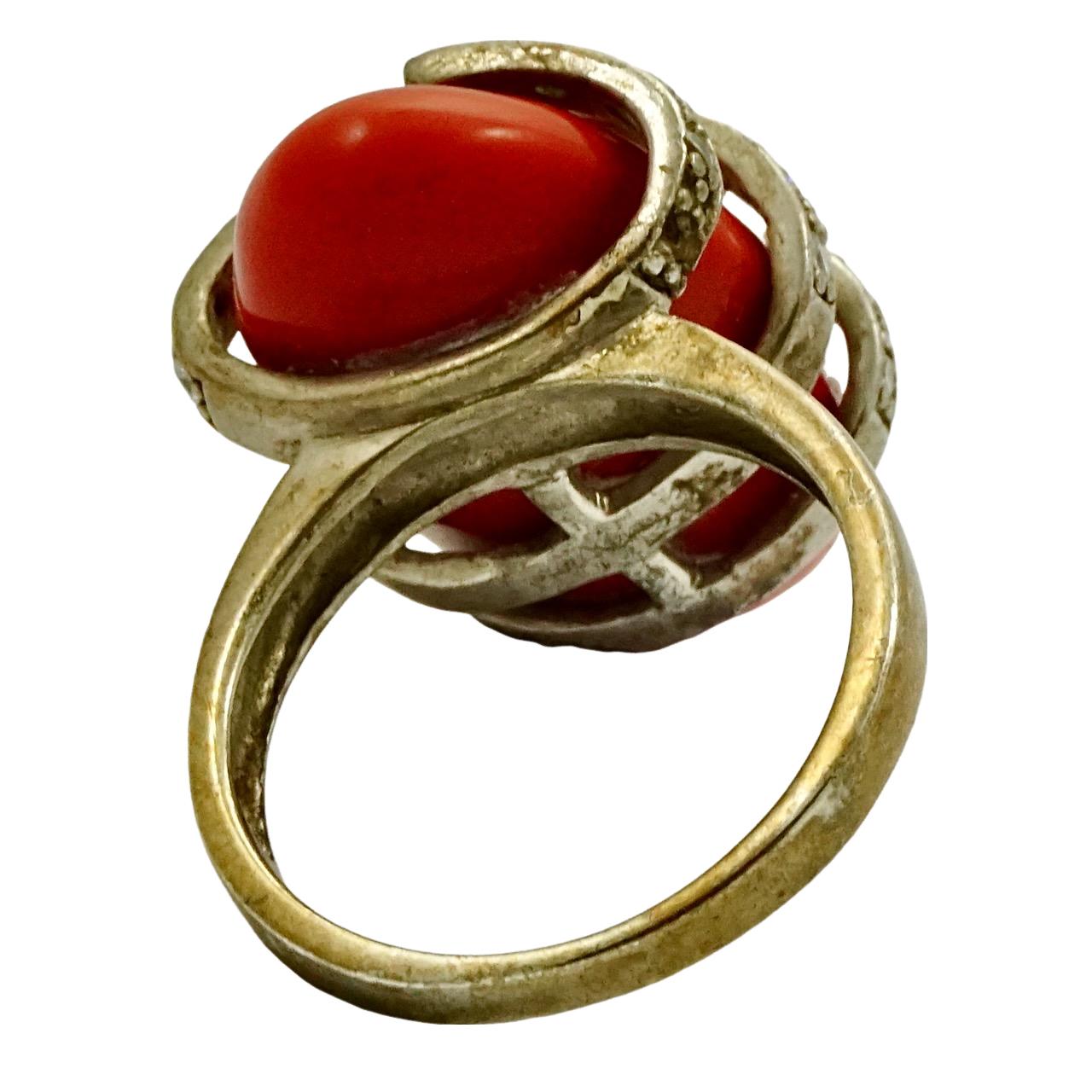Gold Vermeil on Sterling Silver Rhinestone and Coral Glass Ring For Sale 1