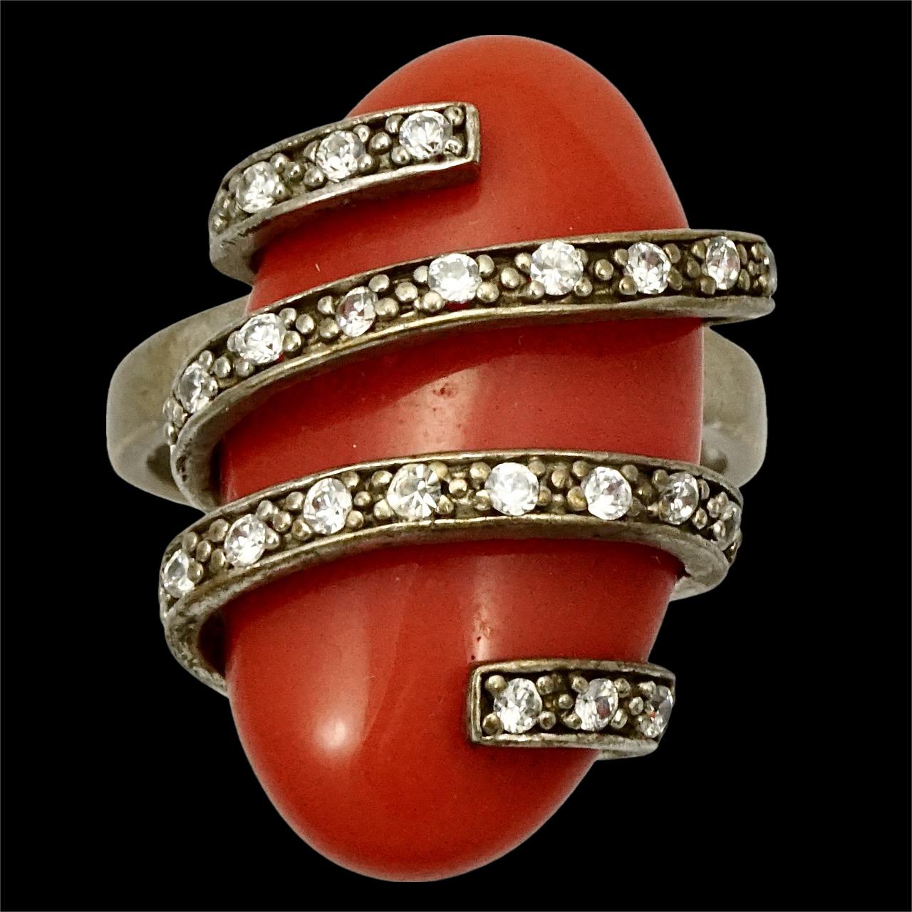Gold Vermeil on Sterling Silver Rhinestone and Coral Glass Ring For Sale 3
