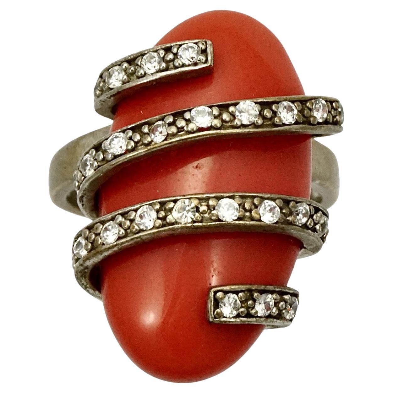 Gold Vermeil on Sterling Silver Rhinestone and Coral Glass Ring For Sale