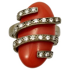 Vintage Gold Vermeil on Sterling Silver Rhinestone and Coral Glass Ring
