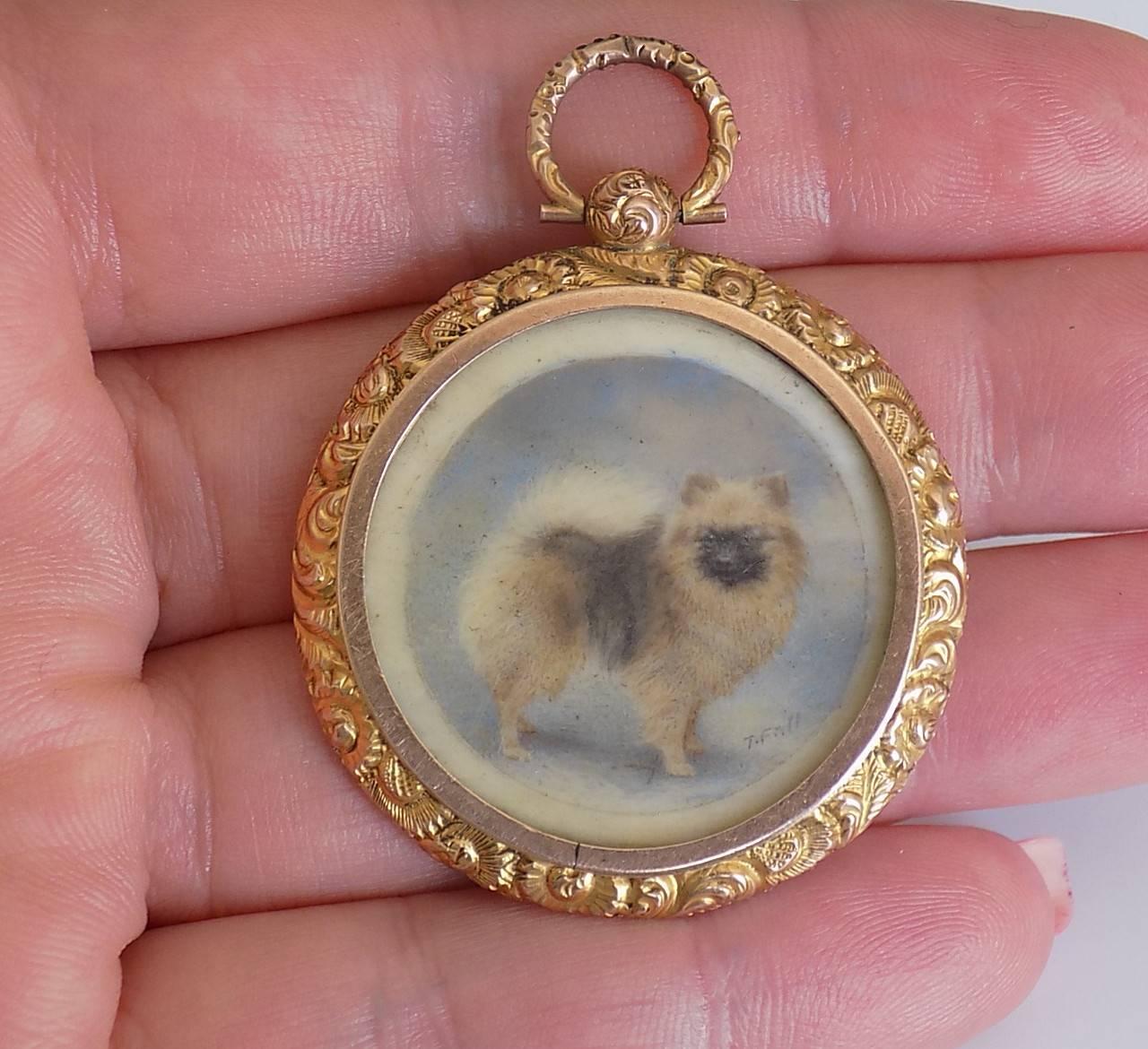 Gold Victorian Painted Pomeranian Dog Miniature Locket Pendant Signed T. Fall 1